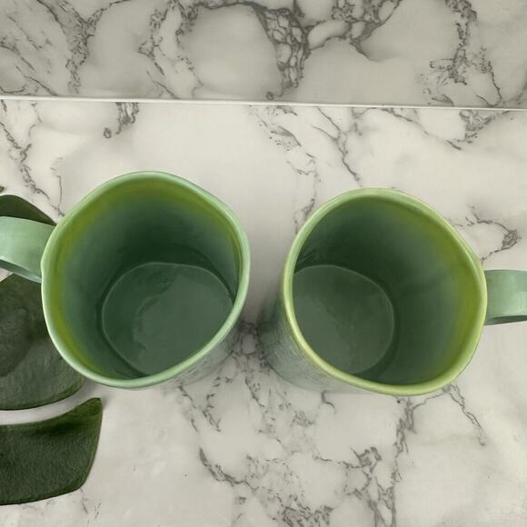 Anthropologie Floral Ombre Coffee Mug Set of 2 Green Blue Rustic Shape Cups - Picture 4 of 8